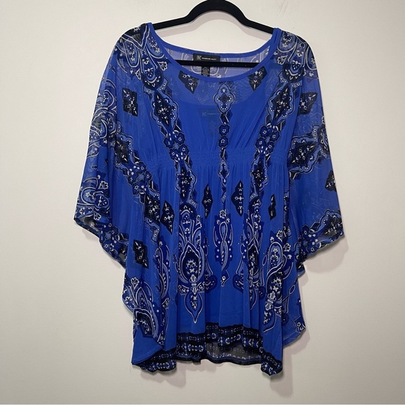 INC International Concepts Blue Sheer butterfly Paisley Boho Top Women’s Size L - Picture 1 of 6